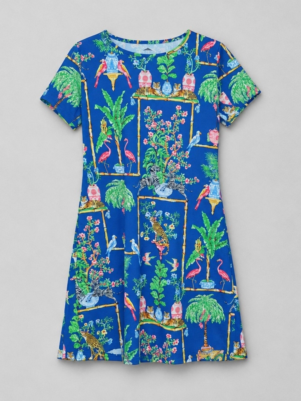 Kenny Dana. Royal Blue Tropical Animal Print Short Sleeve Dress